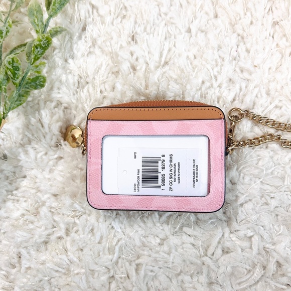 NWT🌸Coach Zip Card Case In Signature Canvas With Flower Charm Powder Pink CEC50 - Picture 2 of 5